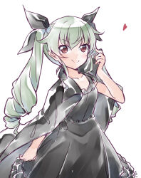 Rule 34 | 1girl, anchovy (girls und panzer), artist name, black cape, black dress, black ribbon, cape, closed mouth, commentary, cowboy shot, dress, drill hair, girls und panzer, green hair, hair ribbon, heart, long hair, looking at viewer, medium dress, red eyes, ribbon, simple background, smile, solo, standing, twin drills, twintails, vri (tinder box), white background