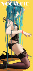 Rule 34 | 1girl, adjusting hair, aqua eyes, aqua hair, arm up, ass, black panties, bracelet, breasts, copyright name, from side, full body, g q, hatsune miku, high heels, highres, jewelry, kneeling, lace, lace-trimmed legwear, lace trim, long hair, panties, solo, thighhighs, underwear, very long hair, vocaloid, yellow background