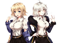Rule 34 | 2girls, ahoge, belt, blonde hair, blue eyes, blush, braid, breasts, dress shirt, dual persona, fate/grand order, fate (series), fur trim, hand on own hip, jacket, jeanne d&#039;arc (fate), jeanne d&#039;arc (ruler) (fate), jeanne d&#039;arc alter (fate), jeanne d&#039;arc alter (ver. shinjuku 1999) (fate), large breasts, long hair, multiple girls, nakatokung, off shoulder, official alternate costume, open mouth, shirt, short hair, silver hair, single braid, skirt, very long hair, yellow eyes