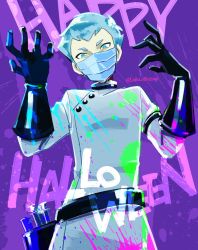 Rule 34 | 1boy, alternate costume, aqua eyes, aqua hair, archer (pokemon), belt, black gloves, buttons, coat, commentary request, creatures (company), from below, game freak, gloves, halloween, hands up, happy halloween, highres, looking at viewer, male focus, mask, momoji (lobolobo2010), mouth mask, nintendo, pokemon, pokemon hgss, purple background, short hair, solo, twitter username, white coat