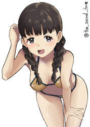 Rule 34 | 1girl, absurdres, alternate costume, bikini, black hair, braid, breasts, brown bikini, brown eyes, highres, kantai collection, landing ship no. 101 (kancolle), leaning forward, long hair, one-hour drawing challenge, simple background, small breasts, smile, solo, swimsuit, the second form, twin braids, twitter username, white background