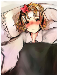 Rule 34 | 1girl, bad id, bad pixiv id, bed, blonde hair, blush, embodiment of scarlet devil, female focus, fever, lying, ogk, rumia, solo, sweat, touhou, upper body