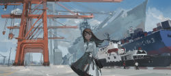 Rule 34 | 1girl, 2others, absurdres, arms behind back, bag, battleship, black skirt, blue eyes, brown hair, closed mouth, cloud, cloudy sky, commentary request, crane (machine), highres, light particles, long hair, military, military vehicle, multiple others, original, school bag, school uniform, ship, shirt, shirt tucked in, skirt, sky, warship, watercraft, white shirt, zygocactus