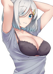 Rule 34 | 1girl, absurdres, alternate costume, arms behind head, arms up, black bra, blue eyes, bra, breasts, cleavage, collarbone, grey shirt, hair ornament, hair over one eye, hairclip, hamakaze (kancolle), highres, kantai collection, kiritto, large breasts, looking at viewer, shirt, short hair, short sleeves, silver hair, simple background, solo, underwear, upper body, white background