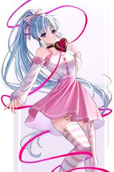 Rule 34 | 1girl, absurdres, ayaka (genshin impact), black choker, blue eyes, blue hair, blush, bow, breasts, choker, cleavage, detached sleeves, dress shirt, floating hair, frilled sleeves, frills, genshin impact, hair bow, high ponytail, highres, long hair, long sleeves, looking at viewer, medium breasts, miniskirt, parted lips, pink bow, pink skirt, red ribbon, ribbon, shiroichigo, shirt, skirt, solo, striped bow, striped clothes, striped thighhighs, thigh strap, thighhighs, valentine, very long hair, white background, white shirt, white sleeves, zettai ryouiki