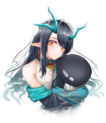Rule 34 | 1girl, arknights, bare shoulders, bitey (arknights), black hair, blue hair, blue skin, blush, closed mouth, colored skin, creature, cropped torso, dragon horns, dress, dusk (arknights), earrings, highres, holding, holding creature, horns, jewelry, long hair, multicolored hair, necktie, off shoulder, open clothes, owanwan 1205, pointy ears, red eyes, red necktie, simple background, solo, streaked hair, two-tone hair, upper body, white background, white dress