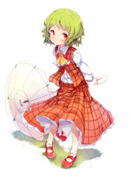 Rule 34 | 1girl, arms behind back, ascot, child, green hair, highres, kazami yuuka, long sleeves, mary janes, open clothes, open vest, puffy short sleeves, puffy sleeves, red eyes, ripu (lipi), shirt, shoes, short sleeves, skirt, skirt set, smile, solo, touhou, vest, wavy hair, aged down