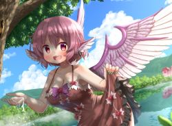 Rule 34 | 1girl, animal ears, arinu, bird ears, bird wings, blue sky, breasts, brown dress, cleavage, cloud, cowboy shot, dress, earrings, feathered wings, feathers, green nails, holding, holding clothes, holding dress, jewelry, large breasts, looking at viewer, mountain, mystia lorelei, nail polish, no headwear, open mouth, outdoors, pink eyes, pink hair, short hair, single earring, sky, sleeveless, sleeveless dress, smile, solo, standing, touhou, tree, water, holding water, wet, white feathers, white wings, wings