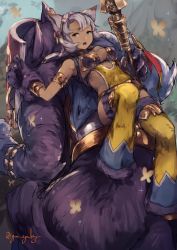 Rule 34 | 10s, 1girl, animal ears, animal hands, aqua eyes, bracer, breasts, bug, butterfly, cat ears, cat paws, claws, cleavage, erune, feathers, flower, genyaky, gradient background, granblue fantasy, grey hair, hair flower, hair ornament, holding, insect, lying, melleau, meruu (granblue fantasy), on back, open mouth, pelvic curtain, riding, short hair, solo, staff, tree, twitter username
