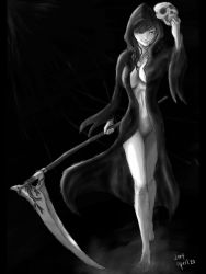 Rule 34 | 1girl, bad id, bad pixiv id, barefoot, breasts, cleavage, cloak, dark, death (entity), greyscale, grim reaper, grin, honoji, hood, jewelry, large breasts, mask, monochrome, naked cloak, navel, necklace, no panties, no pussy, original, personification, scythe, skull, smile, solo
