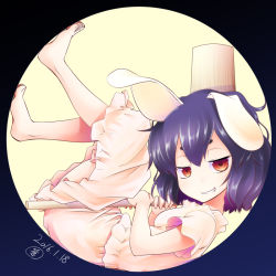 Rule 34 | 1girl, animal ears, aozora market, barefoot, black hair, rabbit ears, full moon, inaba tewi, looking at viewer, lying, mallet, moon, naughty face, on back, pink shirt, pink skirt, red eyes, shirt, short hair, short sleeves, skirt, solo, touhou