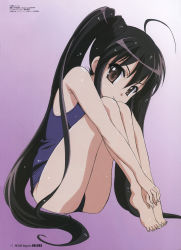Rule 34 | 1girl, absurdres, black hair, brown eyes, feet, gradient background, highres, long hair, megami magazine, official art, one-piece swimsuit, own hands together, purple background, scan, shakugan no shana, shana, sitting, solo, swimsuit, thighhighs, twintails, very long hair, water drop