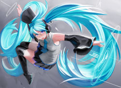 Rule 34 | 1girl, bad id, bad pixiv id, black skirt, blue hair, boots, detached sleeves, hatsune miku, headset, highres, long hair, mamushi, necktie, open mouth, outstretched arms, pleated skirt, purple eyes, skirt, solo, spread arms, thigh boots, thighhighs, twintails, very long hair, vocaloid, wide sleeves, wing collar