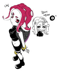 Rule 34 | 1girl, 8-ball, agent 8 (splatoon), boots, closed eyes, commentary request, crop top, dede (qwea 00000), inset, looking at viewer, midriff, nintendo, octoling, octoling girl, red eyes, red hair, simple background, solo, splatoon (series), splatoon 2, splatoon 2: octo expansion, standing, tentacle hair, white background