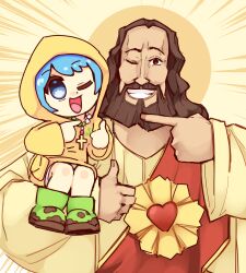 1boy 1girl ;d beard blue_eyes blue_hair boots brown_eyes brown_hair cross cross_necklace dirty_footwear facial_hair full_beard green_footwear grin jesus jewelry jubilee_2025 looking_at_viewer luce_(jubilee_2025) necklace one_eye_closed open_mouth pointing pointing_at_another raincoat rosary rtil shorts smile thumbs_up white_shorts yellow_raincoat