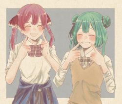 Rule 34 | 2girls, ^ ^, alternate costume, bad id, bad twitter id, blush, bow, bowtie, checkered clothes, checkered neckwear, closed eyes, clothes around waist, commentary request, double bun, fingersmile, green hair, grin, hair bun, hair ornament, hair ribbon, hands up, highres, hololive, houshou marine, long sleeves, multiple girls, neck ribbon, no eyepatch, open mouth, red hair, ribbon, school uniform, sgws0, shirt, short hair, short sleeves, sleeves rolled up, smile, sweater, sweater around waist, sweater vest, twintails, two-tone background, upper body, uruha rushia, virtual youtuber, white shirt