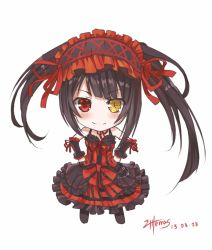 Rule 34 | 10s, 1girl, bad id, bad pixiv id, bare shoulders, black hair, chibi, clock eyes, date a live, dated, dress, hairband, heterochromia, lolita fashion, lolita hairband, long hair, looking at viewer, red eyes, signature, simple background, smile, solo, symbol-shaped pupils, terras, tokisaki kurumi, twintails, yellow eyes