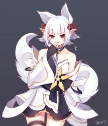 Rule 34 | 1girl, animal ears, artist name, bad id, bad pixiv id, bare shoulders, bell, blunt bangs, blush, collar, detached sleeves, facepaint, fingerless gloves, fox ears, fox girl, fox tail, gloves, grey background, hand to own mouth, hands on own face, highres, muryotaro, neck bell, phantasy star, phantasy star online 2, pointy ears, red eyes, ribbon, short hair, simple background, smile, solo, tail, tsurime, white hair