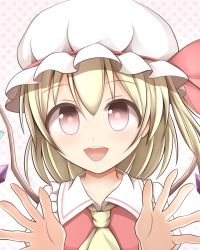 Rule 34 | 1girl, bad id, bad pixiv id, blonde hair, blouse, bow, collared shirt, flandre scarlet, hair between eyes, hat, hat bow, kuroganeruto, mob cap, open hands, red eyes, shirt, side ponytail, solo, touhou, white hat, white shirt, wings