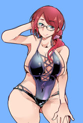 Rule 34 | absurdres, black one-piece swimsuit, blue background, breasts, cleavage, covered navel, glasses, gluteal fold, hair behind ear, hand on own thigh, head tilt, highres, hugtto! precure, large breasts, looking to the side, low ponytail, mature female, nono sumire, one-piece swimsuit, pink eyes, precure, red hair, smile, swimsuit, uchiuchi keyaki, wide hips