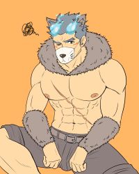 Rule 34 | 1boy, abs, animal ears, bara, blue eyes, blue fire, blue hair, cat ears, dog mask, fiery horns, fire, horns, large pectorals, looking at viewer, male focus, muscular, pectorals, porkjinta, sakimori toji, scar, simple background, solo, thick eyebrows, tokyo houkago summoners, upper body