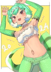 Rule 34 | 1girl, absurdres, animal ears, camisole, chinese water dragon (kemono friends), choker, elbow gloves, extra ears, gloves, green hair, hairband, highres, kemono friends, lizard tail, looking at viewer, multicolored hair, navel, osnmykk, pantyhose, red eyes, reptile girl, short hair, shorts, simple background, solo, tail, two-tone hair, white hair, yellow background