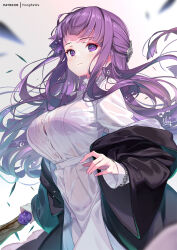 Rule 34 | 1girl, :t, black robe, bra, bra visible through clothes, breasts, dress, fern (sousou no frieren), half updo, holding, holding staff, hong (white spider), large breasts, long sleeves, looking at viewer, patreon username, purple bra, purple eyes, purple hair, robe, robe partially removed, solo, sousou no frieren, staff, underwear, wet, wet clothes, wet dress, white dress