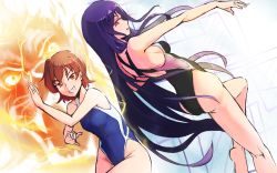 Rule 34 | 2girls, anetai toyone, barefoot, brown hair, competition swimsuit, crossover, dutch angle, fate/stay night, fate (series), fighting stance, from behind, fujimura taiga, grin, highres, keijo!!!!!!!!, long hair, multiple girls, one-piece swimsuit, orange eyes, parody, purple hair, red eyes, saki (manga), short hair, smile, standing, standing on one leg, swimsuit, yokura (yukilina)