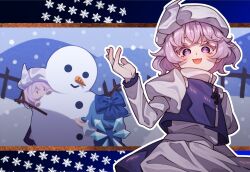 Rule 34 | 1girl, 2girls, :d, apron, blue bow, blue dress, blue hair, bow, cirno, dress, hair bow, hat, ice, ice wings, juliet sleeves, lapel pin, letty whiterock, long sleeves, looking at viewer, multiple girls, open mouth, puffy sleeves, purple eyes, short hair, smile, snow, snowflakes, snowing, snowman, solo, solo focus, tojorin, touhou, touhou lost branch of legend, white apron, wings, yuki onna