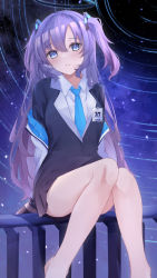 Rule 34 | 1girl, barefoot, blazer, blue archive, blue eyes, commentary request, hair between eyes, hair ornament, halo, highres, hojiro same, id card, jacket, long hair, long sleeves, looking away, looking up, necktie, night, night sky, parted bangs, parted lips, pleated skirt, purple hair, school uniform, sidelocks, sitting, sitting on fence, skirt, sky, solo, star (sky), starry sky, two side up, yuuka (blue archive)