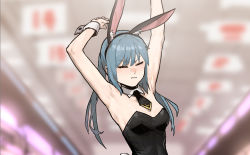Rule 34 | 1girl, animal ear fluff, animal ears, armpits, bare shoulders, black hairband, black necktie, blurry, blurry background, blush, closed eyes, closed mouth, commentary, depth of field, english commentary, fake animal ears, gogalking, hairband, hands up, highres, leotard, necktie, original, playboy bunny, portia (gogalking), rabbit ears, short necktie, solo, strapless, strapless leotard, stretching, twintails, wrist cuffs