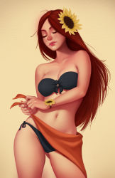 Rule 34 | 1girl, absurdres, bad id, bad pixiv id, bikini, black bikini, breasts, cleavage, closed eyes, collarbone, cowboy shot, eyelashes, female focus, flower, freckles, gluteal fold, gradient background, hair flower, hair ornament, highres, league of legends, leona (league of legends), lips, long hair, navel, parted bangs, pool party leona, red hair, solo, standing, sunflower, swimsuit, third-party source, tsuaii, wide hips