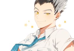 Rule 34 | 1boy, bari dal, black hair, blue necktie, bokuto koutarou, closed mouth, collar, collared shirt, grey hair, haikyuu!!, hair up, highres, looking at viewer, loose necktie, male focus, multicolored hair, necktie, pocket, shirt, short hair, short sleeves, simple background, smile, smirk, solo, star (symbol), striped necktie, striped neckwear, two-tone hair, upper body, white background, white shirt, yellow eyes