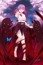 Rule 34 | 1girl, barefoot, breasts, bug, butterfly, commentary request, dress, fate/stay night, fate (series), full body, hair ribbon, highres, insect, large breasts, long hair, looking at viewer, magic, matou sakura, multicolored hair, outdoors, purple eyes, purple hair, red hair, red ribbon, ribbon, shirt, short sleeves, skyrail, solo, solo focus, tearing up, torn clothes, torn shirt, tree, two-tone hair, white shirt