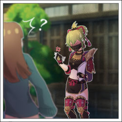 Rule 34 | 1koma, 2girls, 3d background, anger vein, angry, armor, blurry, clenched hand, comic, commentary, depth of field, english commentary, fingerless gloves, genshin impact, giving, gloves, green hair, hafuku, hair ornament, highres, holding, holding paper, japanese clothes, kuki shinobu, long hair, long sleeves, mask, mouth mask, multiple girls, navel, ninja, pamphlet, paper, parted bangs, ponytail, shoulder armor, sidelocks, silent comic, solo, stomach, sweatdrop, thighhighs, v-shaped eyebrows, visible air, wind, zettai ryouiki