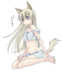 Rule 34 | 00s, 1girl, animal ears, barefoot, dog ears, dog tail, eila ilmatar juutilainen, feet, full body, hand on own thigh, lowres, satou atsuki, simple background, sitting, solo, strike witches, tail, translated, white background, world witches series