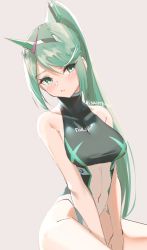 Rule 34 | 1girl, blush, breasts, female focus, gem, green eyes, green hair, hair ornament, headpiece, jewelry, large breasts, long hair, looking at viewer, matching hair/eyes, medium breasts, nintendo, one-piece swimsuit, pneuma (xenoblade), ponytail, sitting, skeptycally, smile, solo, spoilers, swept bangs, swimsuit, tiara, xenoblade chronicles (series), xenoblade chronicles 2