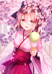 Rule 34 | 1girl, :d, black bow, blurry, blurry background, blurry foreground, blush, bow, branch, brown eyes, commentary request, dango, day, depth of field, fate/grand order, fate (series), flower, food, gogatsu fukuin, hair between eyes, hair bow, hakama, hakama skirt, highres, holding, holding food, japanese clothes, kimono, koha-ace, light brown hair, long sleeves, looking at viewer, okita souji (fate), okita souji (koha-ace), open mouth, outdoors, petals, pink flower, pink kimono, red hakama, sanshoku dango, short kimono, skirt, smile, solo, wagashi, wide sleeves