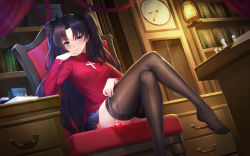 Rule 34 | 1girl, absurdres, black hair, black thighhighs, blue eyes, clock, crossed legs, fate/stay night, fate (series), feet, gem, highres, jewelry, legs, long hair, long legs, miniskirt, red gemstone, skirt, smile, solo, sramy, thighhighs, thighs, tohsaka rin, twintails, two side up