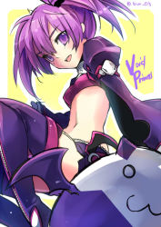 Rule 34 | 1girl, aisha landar, angkor (elsword), bad id, bad pixiv id, boots, character name, creature, elsword, icedango (dpopic3), midriff, miniskirt, purple eyes, purple footwear, purple hair, purple skirt, purple thighhighs, short hair, skirt, smile, solo, strapless, thigh boots, thighhighs, tube top, twintails, twitter username, void princess, void princess (elsword), yellow background