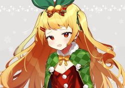 Rule 34 | 1girl, absurdres, akutaa, azur lane, blonde hair, cape, dress, fur-trimmed cape, fur trim, green cape, green ribbon, hair ornament, hairclip, highres, jenkins (azur lane), jenkins (light of the holiest star) (azur lane), long hair, red dress, red eyes, ribbon, simple background, solo, star (symbol), strapless, strapless dress, twintails, wavy hair, yellow ribbon
