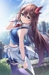 Rule 34 | 1girl, blue eyes, blue skirt, blush, bow, breasts, brown hair, collared shirt, cropped shirt, hair flaps, hair ornament, hairclip, highres, hololive, hololive alternative, long hair, looking at viewer, pleated skirt, red ribbon, ribbon, shirt, skirt, sleeveless, sleeveless shirt, smile, solo, star (symbol), star hair ornament, thighhighs, tokino sora, tokino sora (1st costume), tsurupy, virtual youtuber, waist cape, wrist cuffs