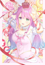 Rule 34 | 1girl, arms up, bracelet, breasts, candy, crown, dress, food, fruit, green eyes, heterochromia, highres, himemori luna, himemori luna (1st costume), hololive, inaka 44, jewelry, lace collar, lollipop, long hair, looking at viewer, mini crown, moon (ornament), necklace, open mouth, pink dress, pink hair, puffy short sleeves, puffy sleeves, purple eyes, purple hair, ribbon, short sleeves, solo, swirl lollipop, virtual youtuber