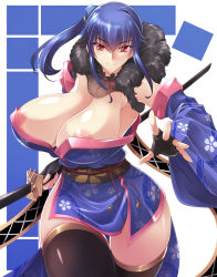 Rule 34 | 1girl, blue hair, breasts, cleavage, curvy, haganef, huge breasts, japanese clothes, katana, kimono, long hair, looking at viewer, nipple slip, nipples, red eyes, side ponytail, smile, solo, sword, thick thighs, thighhighs, thighs, weapon, wide hips