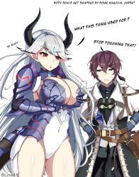 Rule 34 | 1boy, 1girl, armor, breasts, cleavage, covered navel, dragon horns, english text, epic seven, goggles, highres, horns, large breasts, line4x, looking at another, luna (epic seven), white background