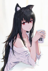 Rule 34 | 1girl, animal ear fluff, animal ears, black hair, borrowed character, breasts, cat ears, cat girl, cleavage, closed mouth, collarbone, cup, elbows on table, expressionless, highres, holding, holding cup, long hair, long sleeves, looking at viewer, medium breasts, mole, mole under eye, no bra, off shoulder, open clothes, open shirt, original, red eyes, shibanme tekikumo, shirt, simple background, single bare shoulder, solo, upper body, very long hair, white background, white shirt, xingye (xing)