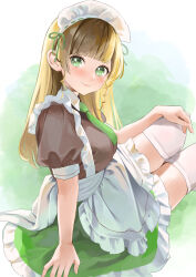Rule 34 | 1girl, alternate costume, apron, arm support, blonde hair, blunt bangs, blush, brown shirt, commentary, drill hair, drill sidelocks, enmaided, frilled skirt, frills, from side, green eyes, green skirt, heanna sumire, highres, hinami riku, looking to the side, love live!, love live! superstar!!, maid, maid headdress, miniskirt, puffy short sleeves, puffy sleeves, ringed eyes, ringlets, shirt, short sleeves, sidelocks, sitting, skindentation, skirt, solo, thighhighs, waist apron, white apron, white thighhighs, zettai ryouiki