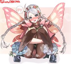 Rule 34 | 1girl, ass, blue eyes, blue footwear, blush, boots, braid, brown pantyhose, butterfly wings, cameltoe, capelet, cleft of venus, commission, commissioner upload, fairy wings, fire emblem, fire emblem fates, fire emblem heroes, flower, gradient clothes, hair flower, hair ornament, hair vines, hairband, harutan (ufnn8842), highres, hugging own legs, insect wings, long hair, looking at viewer, low twin braids, nina (fire emblem), nina (resplendent) (fire emblem), nintendo, official alternate costume, panties, pantyhose, pantyshot, pink capelet, pink flower, pink panties, pussy, skeb commission, smell, solo, speech bubble, steaming body, sweat, twin braids, underwear, upskirt, vine harness, vine print, white flower, white hair, wings