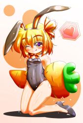 Rule 34 | 1girl, animal ears, bad id, bad pixiv id, bare legs, blonde hair, bow, bowtie, carrot, detached collar, embodiment of scarlet devil, female focus, flat chest, highres, leotard, oversized object, playboy bunny, rabbit ears, red eyes, ribbon, rumia, short hair, solo, touhou, usonge
