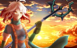 Rule 34 | 1girl, ahoge, aidesa, antenna hair, blue shirt, bob cut, cloud, collarbone, gloves, highres, holding, holding staff, multicolored hair, pascal (tales), pascal (tales), red hair, scarf, shirt, short hair, sky, smile, solo, staff, sun, sunset, suspenders, tales of (series), tales of graces, two-tone hair, white hair, yellow eyes